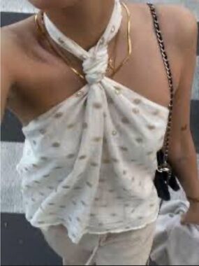 Zara Cream Halter Top with Gold Dot Embroidery